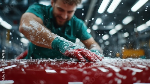 A dedicated worker, wearing gloves, applies polish on a bright red car. Water particles fly around, capturing the motion and intensity of his work in the factory. photo