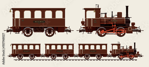 Set of realistic vector drawings of railway transport silhouettes. Vintage steam locomotive, passenger and freight railway cars carriage.