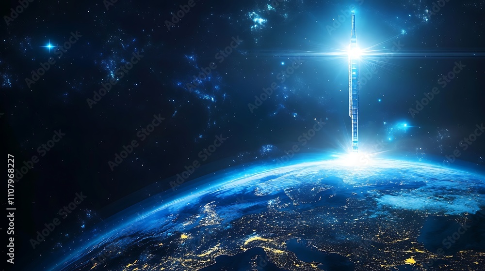 Space elevator tethered to Earth, reaching into the cosmos, showcasing advanced transportation technology and futuristic engineering solutions