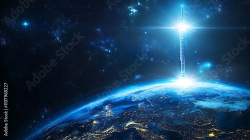 Obraz na płótnie Space elevator tethered to Earth, reaching into the cosmos, showcasing advanced transportation technology and futuristic engineering solutions w salonie