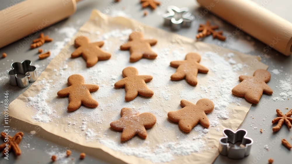 Festive gingerbread men on parchment paper, surrounded by flour and baking tools Festive gingerbread men on parchment paper, surrounded by flour and baking tools