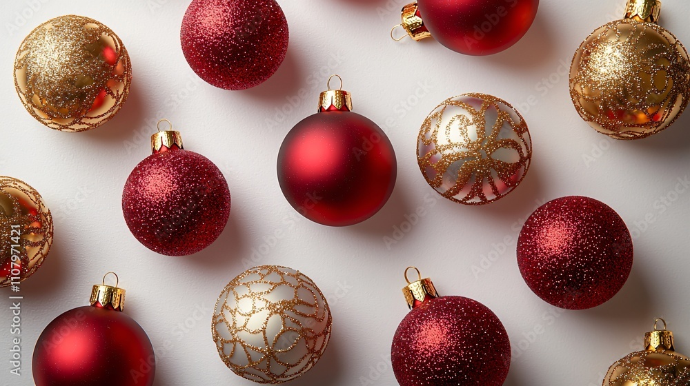 Fototapeta premium Bright red and gold Christmas ornaments arranged in a flat lay display for holiday cheer