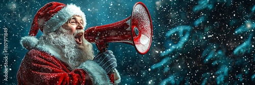 Santa Claus announces holiday cheer with megaphone in winter wonderland