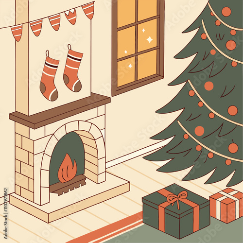 Cozy Christmas Scene with Fireplace and Gift