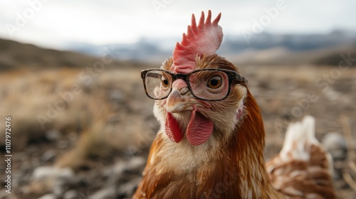 A quirky chicken wearing glasses in a rustic environment, blending comical elements with countryside charm, evoking creativity, whimsy, and a touch of rural wisdom. photo