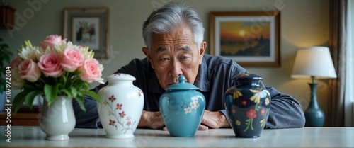 A man mourns the loss of his entire family – three funeral urns in front of him.