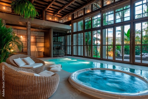 Wallpaper Mural Luxurious indoor pool area with a relaxing spa and tropical vibes. Generative AI Torontodigital.ca