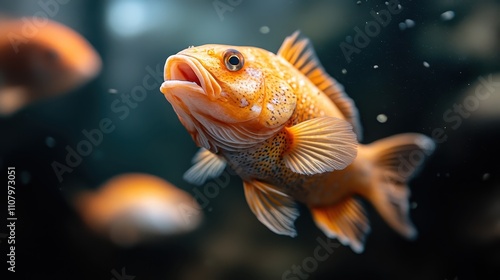 A vivid orange fish adorned with unique spotted patterns gracefully swims, displaying curiosity, diversity, and life in a serene underwater environment of blues. photo