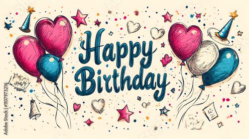 Enthralling Doodle-Style Birthday Card Vector Art with Colorful Balloons and Charming Sticker Designs