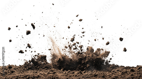 Wide Explosive soil dirt eruption with debris flying isolated on white & transparent a background. photo