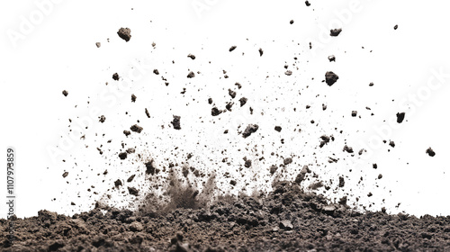 Wide Explosive soil dirt eruption with debris flying isolated on white & transparent a background.