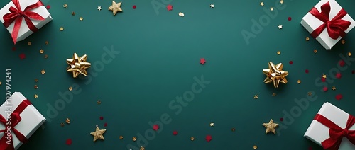 green background with red and gold ribbon bows, golden stars, white gift boxes, confetti on the sides, top view, flat lay, space for text, minimal concept, in the style of an art director. 