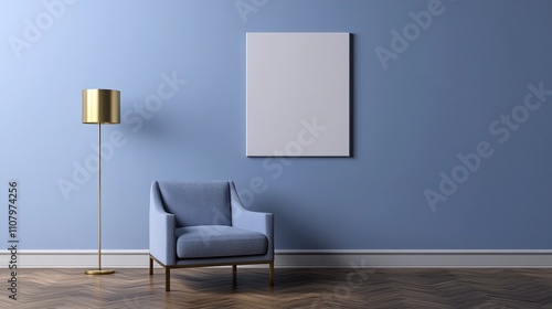 Modern interior with a stylish blue armchair, a gold floor lamp with a round white shade, a blank canvas on a deep blue wall, and a green plant on wooden flooring