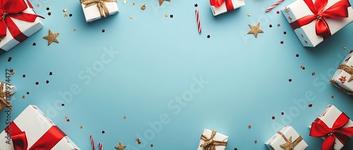 blue background with red and gold ribbon bows, golden stars, white gift boxes, confetti on the sides, top view, flat lay, space for text, minimal concept, in the style of an art director. 