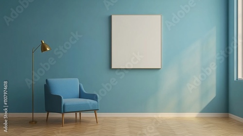 Modern interior with a stylish blue armchair, a gold floor lamp with a round white shade, a blank canvas on a deep blue wall, and a green plant on wooden flooring