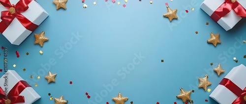 blue background with red and gold ribbon bows, golden stars, white gift boxes, confetti on the sides, top view, flat lay, space for text, minimal concept, in the style of an art director. 