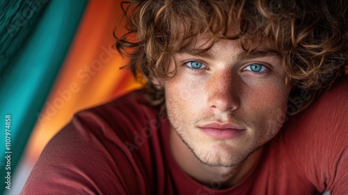 A close-up portrait of a young man with curly hair, stunning blue eyes, and a relaxed demeanor, set against a vibrantly colored background conveying calm confidence. photo