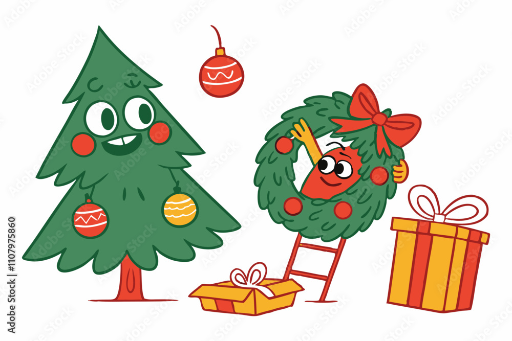 Fototapeta premium Creating a Funny Christmas Alpine Azalea Festive Design on White Background