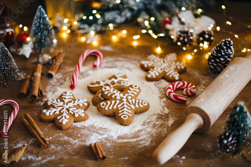 Festive christmas baking setup cozy kitchen food photography joyful environment top-down view holiday spirit for seo impact photo