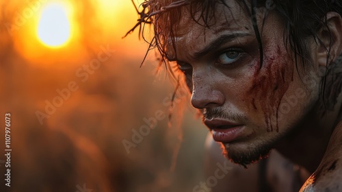 A man with a fierce expression, adorned with a thorny crown and smeared with blood, gazes intensely under the glow of a sunset, symbolizing resilience and passion. photo