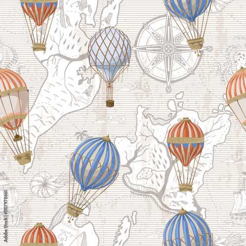 Seamless pattern with ballons and map. Vector.