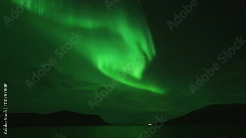 Aurora, green dancing northern lights in Norway