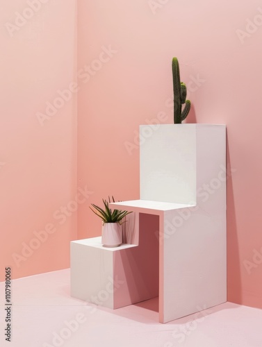 Minimalist Interior Design: White geometric furniture with potted plants against a soft pink wall, perfect for modern decor inspiration.