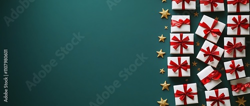 green background with red and gold ribbon bows, golden stars, white gift boxes, confetti on the sides, top view, flat lay, space for text, minimal concept, in the style of an art director. 