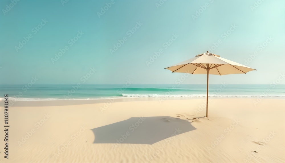 Peaceful beach scene. White umbrella stands on sandy shore. Calm ocean water meets horizon. Clear sky above tropical paradise. Ideal for relaxation, travel inspiration. Vacation destination photo. Peaceful beach scene. White umbrella stands on sandy shore. Calm ocean water meets horizon. Clear sky above tropical paradise. Ideal for relaxation, travel inspiration. Vacation destination photo.