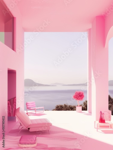 Futuristic Pink Lounge with Ocean View: Modern Design and Soft Colors Perfect for Relaxation or Interior Inspiration