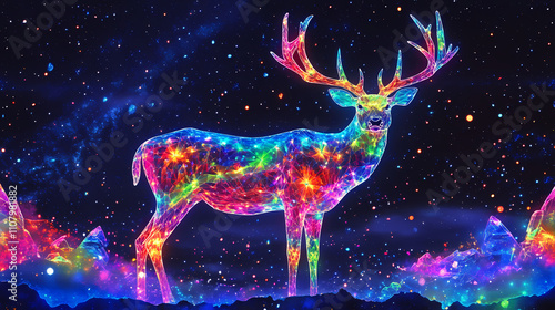 Majestic deer with glowing crystalline antlers stands against starry night sky, radiating mystical aura. its vibrant colors and intricate details create captivating scene. Crystalline. Illustration photo