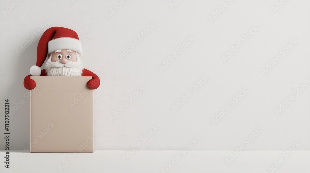 Fototapeta premium 3d santa and holiday concepts. Santa Claus holding a blank sign in a minimalist setting.