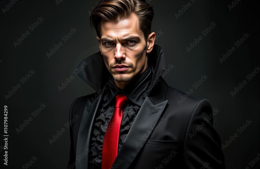 Man wearing formal black suit with red tie. Stylish man in sophisticated attire. Confident, elegant look. Professional business attire for meeting event. Dark background emphasizes suit, tie. Man Man wearing formal black suit with red tie. Stylish man in sophisticated attire. Confident, elegant look. Professional business attire for meeting event. Dark background emphasizes suit, tie. Man