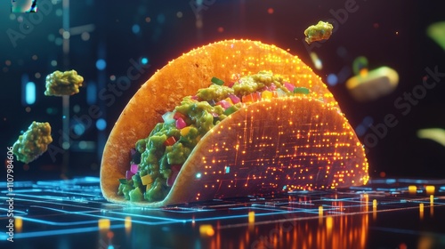 Futuristic glowing taco with digital effects.