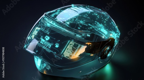 Futuristic transparent helmet with glowing digital circuitry. photo