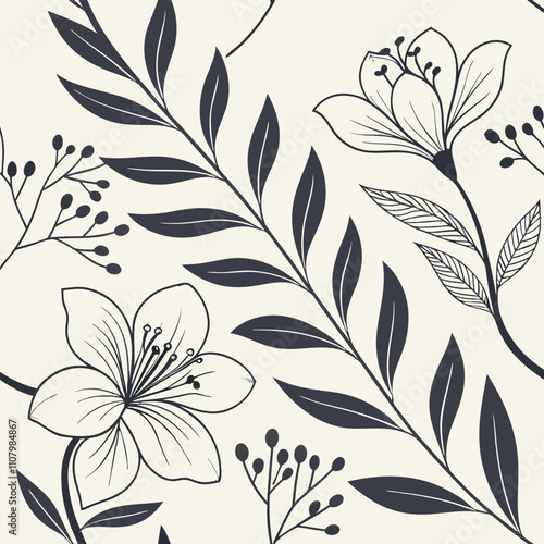 Seamless Pattern of Monochrome Botanical Line Art