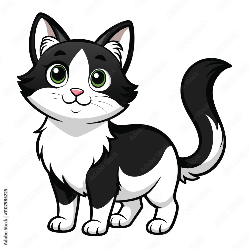 Cute cartoon black and white cat with big eyes, symbolizing playfulness and pet companionship Cute cartoon black and white cat with big eyes, symbolizing playfulness and pet companionship