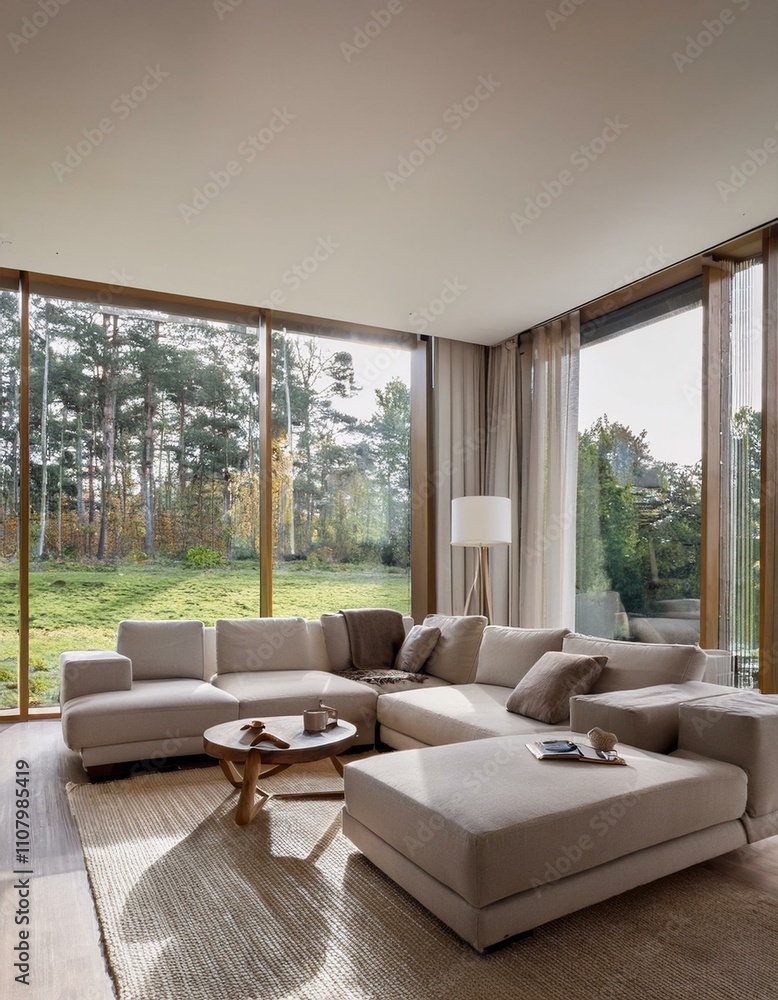 Fototapeta premium Effortless Style: Modern Living Room with Large Windows and a Cozy Sectional