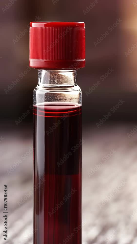 Sample vial filled with dark liquid on a wooden surface at a laboratory or testing site