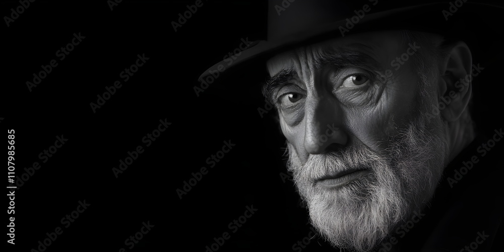 Monochrome portrait of orthodox sad elderly jewish man close-up on black background. Holocaust, genocide of jewish people Monochrome portrait of orthodox sad elderly jewish man close-up on black background. Holocaust, genocide of jewish people