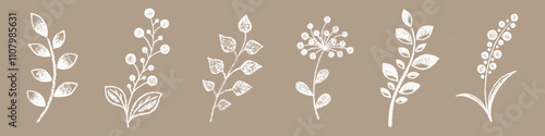 Realistic Chalk Hand-Drawn Sketch. Set of Vintage Design Elements Sprigs Isolated on Craft Paper.