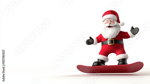 3d santa and holiday concepts. Cheerful Santa Claus figurine snowboarding on a red board.