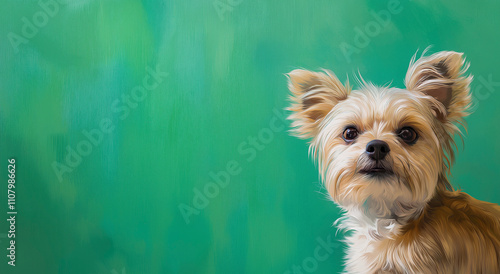 Retrato adorável de um cachorrinho pequeno com fundo verde vibrante, mostrando uma expressão lúdica, perfeito para cuidados com animais de estimação, amantes de animais e projetos de design criativo photo