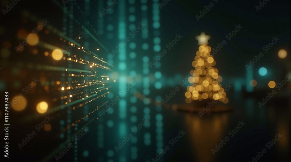 Fototapeta premium Glowing Christmas tree on abstract futuristic background with glowing particles. Combination of high tech and holiday theme. Generative AI