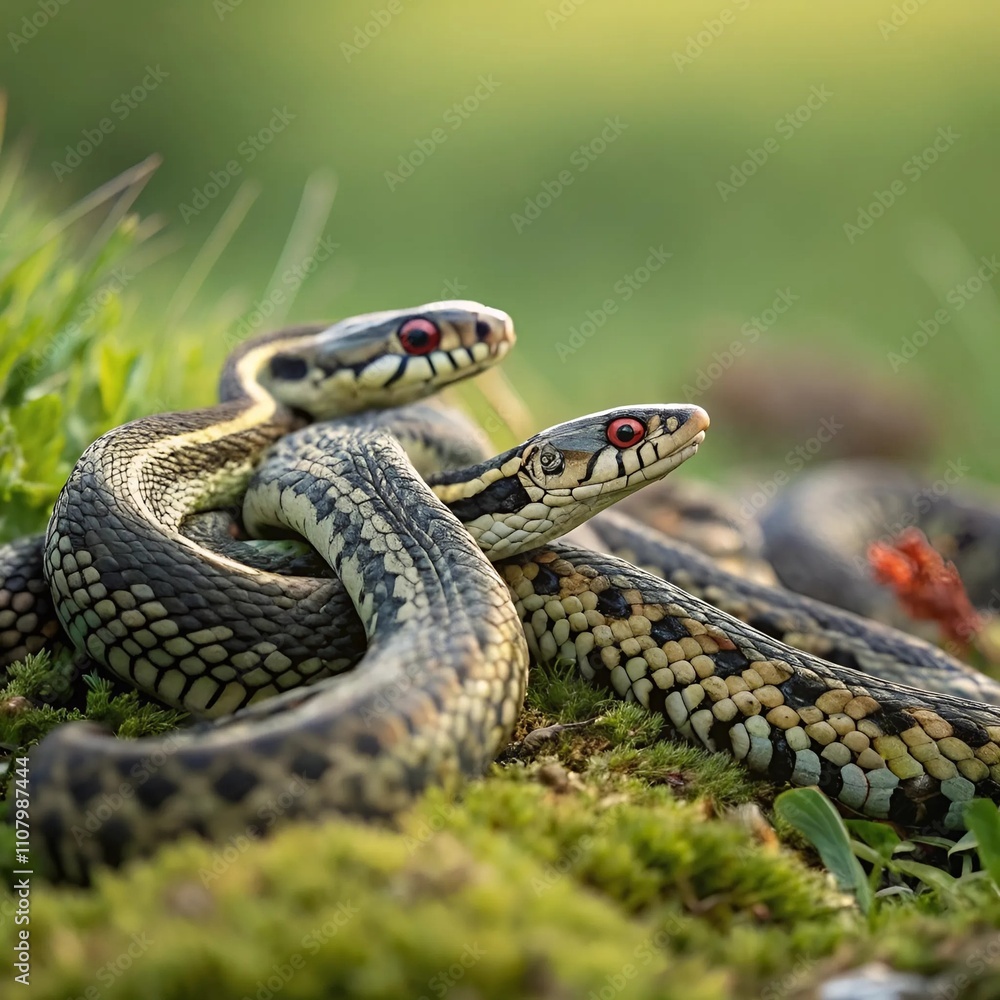 Obraz premium Several snakes coiled together on a rock amidst a scenic mountain backdrop. 