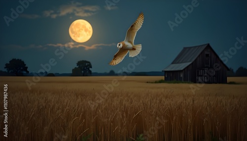 A barn owl gliding silently under the moonlit sky over a sprawling golden wheat field. The scene captures the owl mid-flight, with its wings fully extended and feathers illuminated by the silvery glow photo