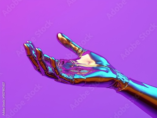 Metallic hand stretches out on purple background. Futuristic robotic hand extends. Modern tech design element. Digital art. Cyberpunk style. Abstract visual. Creative graphic. Technology concept. photo