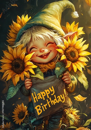 cute smiling elf holding sunflowers and text 