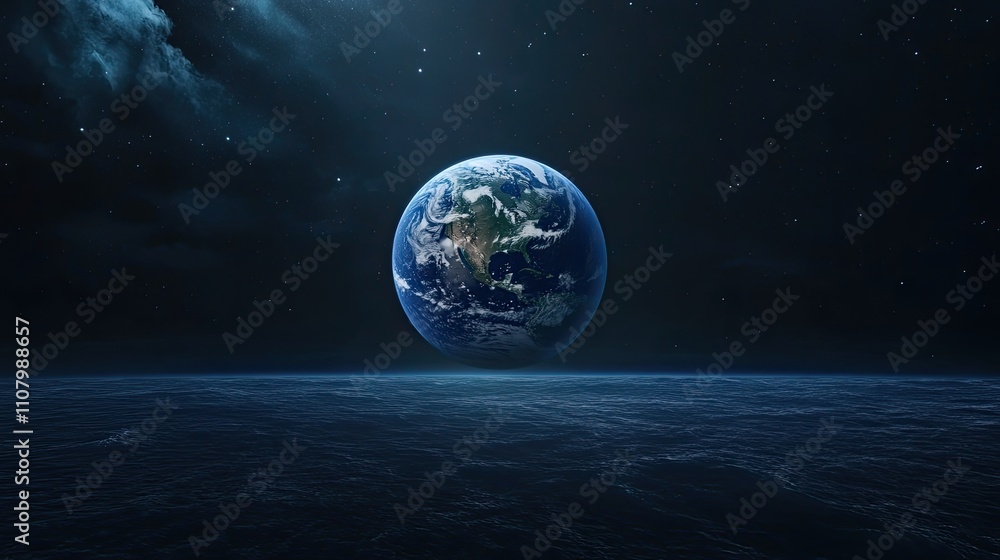 Fototapeta premium The depiction features a highly detailed Earth, suspended in space, with tranquil ocean waves and ominous storm clouds enhancing the atmosphere