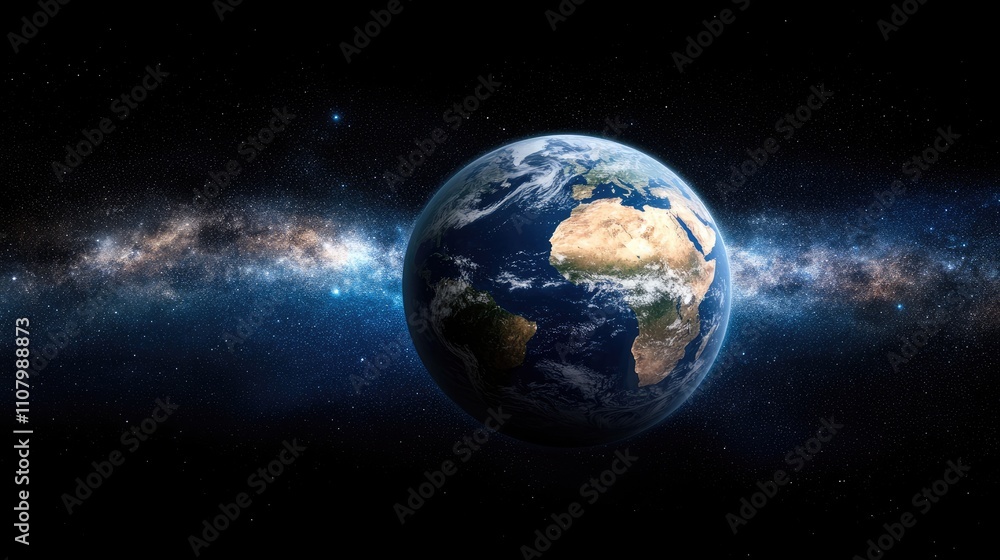 Naklejka premium The depiction features a highly detailed Earth, suspended in space, with tranquil ocean waves and ominous storm clouds enhancing the atmosphere